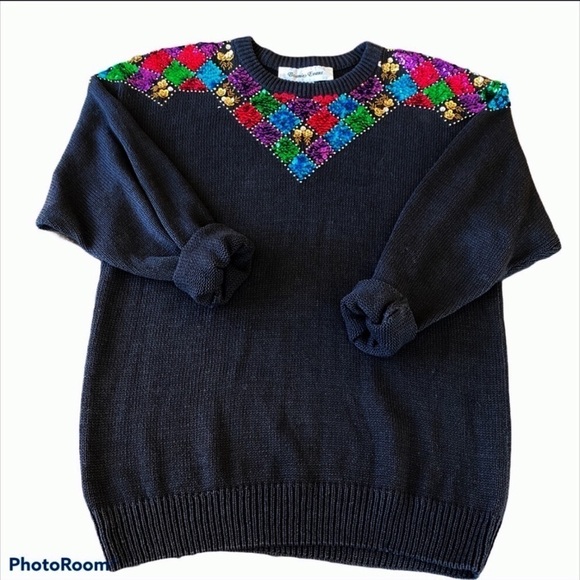 Bonnie Evans Sweaters - BONNIE EVANS Vintage 80’s Black Sequin Sweater Size M